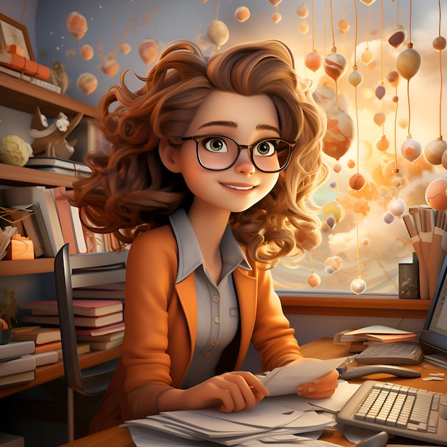 3d illustration of a young businesswoman sitting at her desk in her office