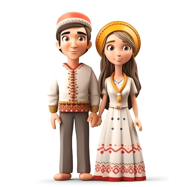 3D illustration of a young couple in traditional clothes with a white background