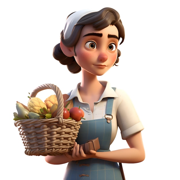 3D illustration of a young farmer with a basket of fruits and vegetables