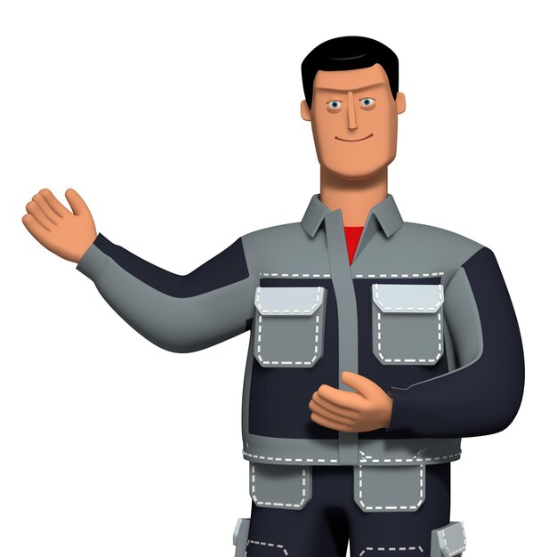 3d illustration Young guy in a working uniform pointing hands