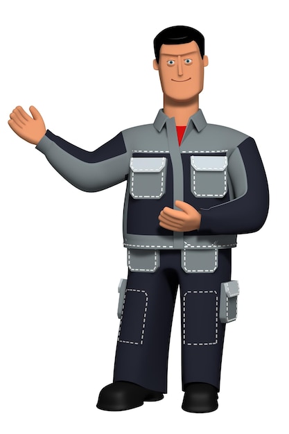 Photo 3d illustration young guy in working uniform tells and points with his hands