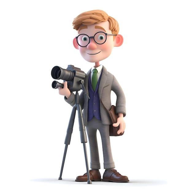 Photo 3d illustration of a young man with a camera on a tripod