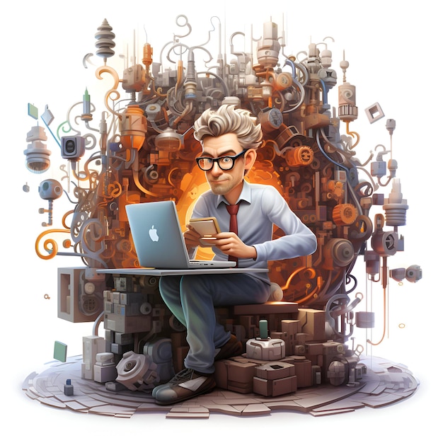 3D illustration of a young man with a laptop and a cup of coffee