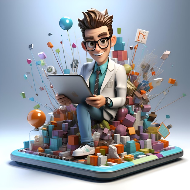 3D illustration of a young man with a laptop in his hands