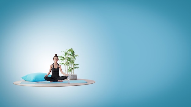 3d illustration of a young woman doing yoga practice on blue background  concept of healthy life