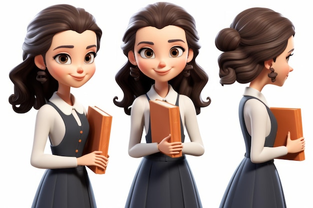 3D illustration of a young woman in a gray dress holding a book