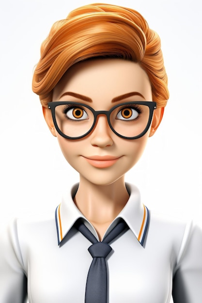 3D illustration of a young woman with short red hair brown eyes and black glasses wearing a white shirt and tie