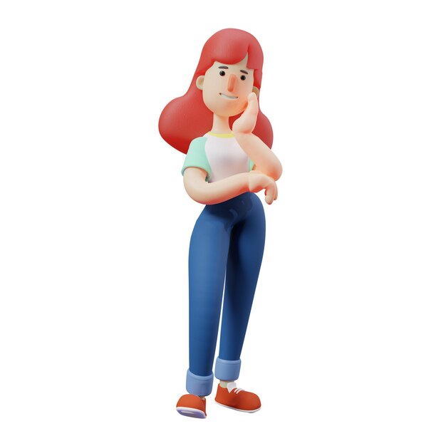 3D illustration3D Cute Girl Cartoon Design with smiling face with the pose of the hand on the chin