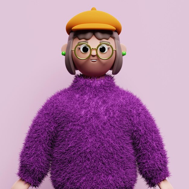 Photo 3d illustrationcute character sarah wearing a fluffy purple sweater and a yellow cap3d render