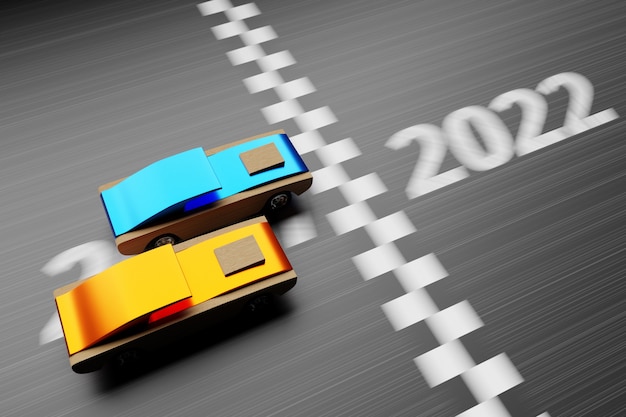 3D illustrations of car races with childrens cars the inscription 2022 on the road