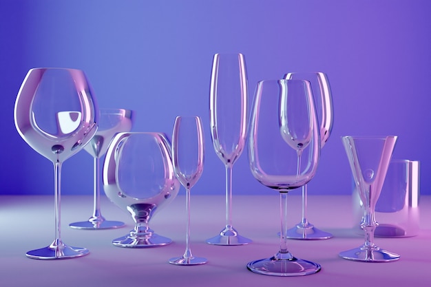 3d illustrations of glasses for champagne, whiskey, cognac. Wine glasses  for alcohol on a purple background