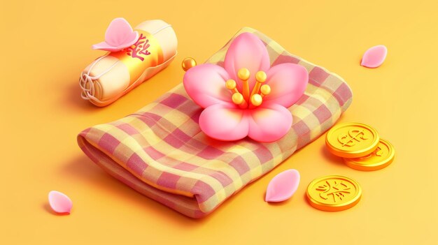 Photo 3d illustrations of spring elements including a plaid picnic blanket fivepetal pink flower a gold ingot and coins isolated on a yellow orange background