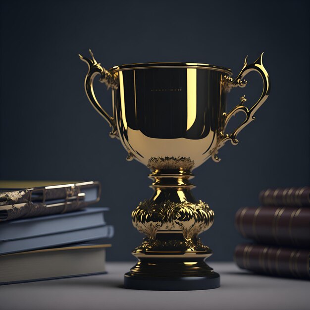 Photo 3d ilustrated golden trophy award with books background