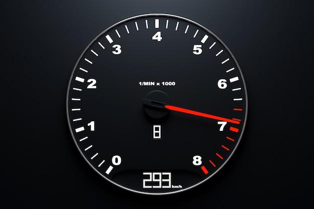 3D ilustration close up car  tachometer  with white lights round inside on black background