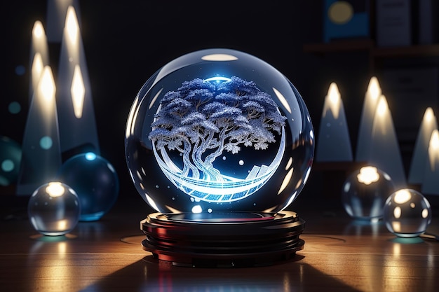 3D image of 3D laser engraved crystal ball with bright lighting