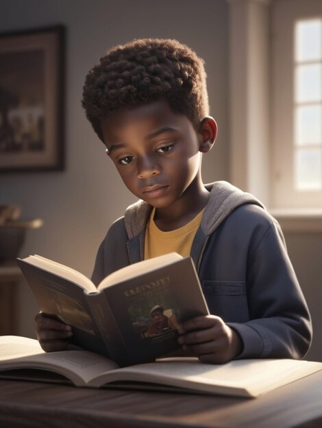 3D image of a 7 year old boy reading a book