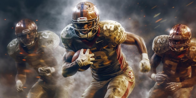 3D image of an American football player on a field with lights in the background