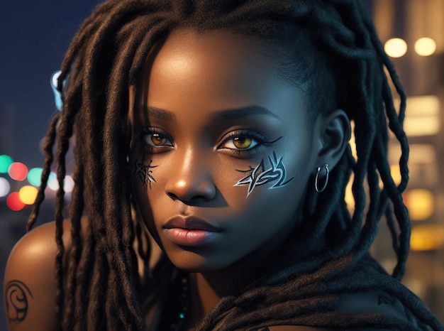 3d image of a beautiful 18 year old black girl wearing long braids in her hair and perfect light bro