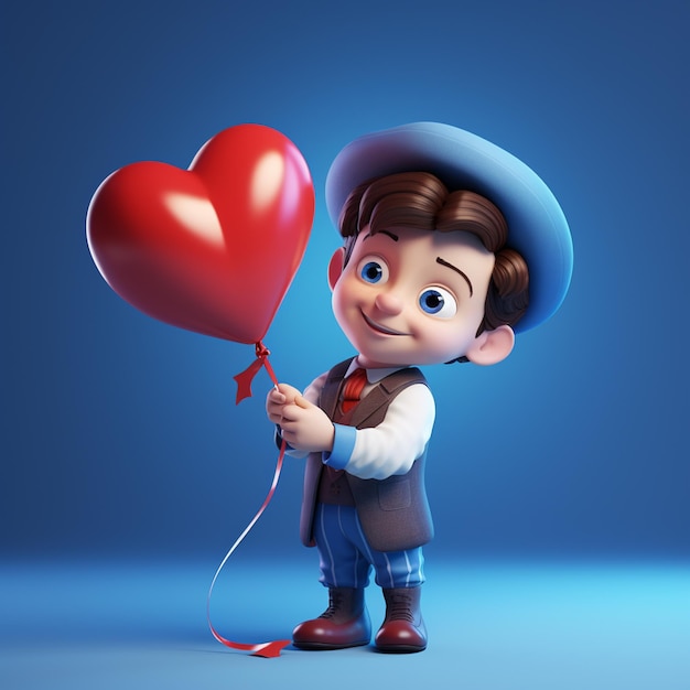 3d image of boy holding a heart shaped balloon