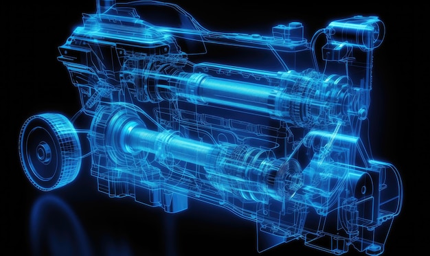 검은 바탕에 있는 자동차 엔진의 3D 이미지