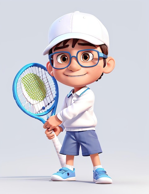 3D 이미지 귀여운 테니스 선수 소년은 손에 테니스 라켓을 들고 색으로 둥근 안경을 입고 있습니다.