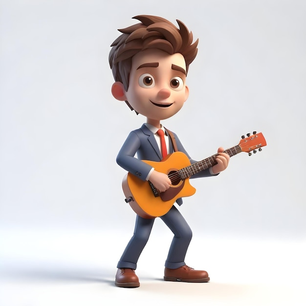 3d image cute young businessman character playing guitar on white background