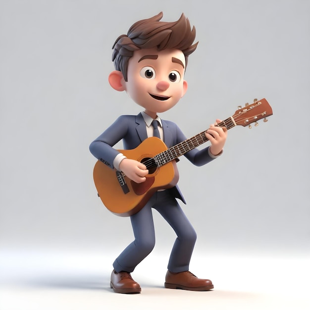 3d image cute young businessman character playing guitar on white background