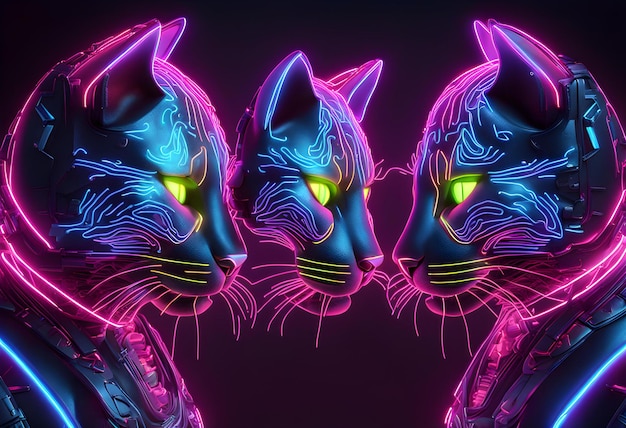 3d image of cyber cat head neon glow