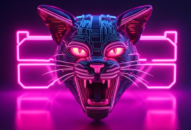 Photo 3d image of cyber cat head neon glow