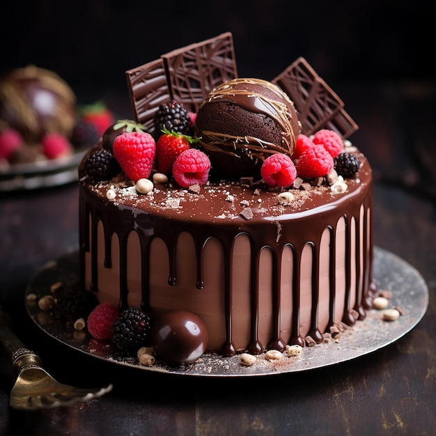 3D-изображение вкусного торта, украшенного фруктами, ягодами и орехами на абстрактном фоне