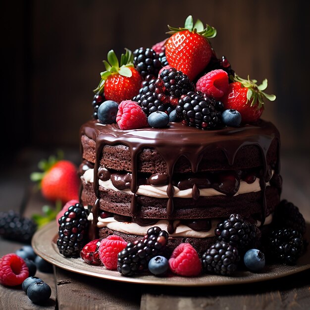 抽象的な背景に果物,ベリー,ナッツで飾られた美味しいケーキの3Dイメージ