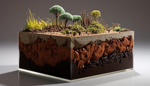 뿌리 미생물과 함께 토양 층의 단 절단을 묘사하는 3D 이미지
