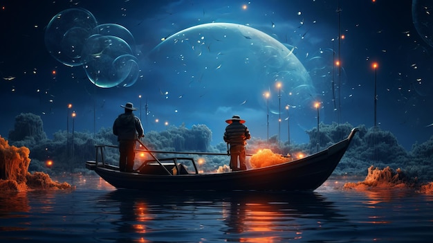 3D image of fishermen on the neon 3D moon