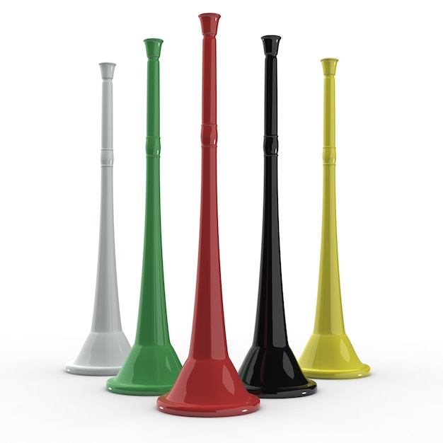 3d image of five coloured vuvuzela