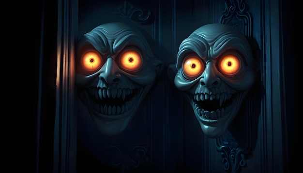 a 3D image of glowing eyes peering from within the darkness of a haunted mansion