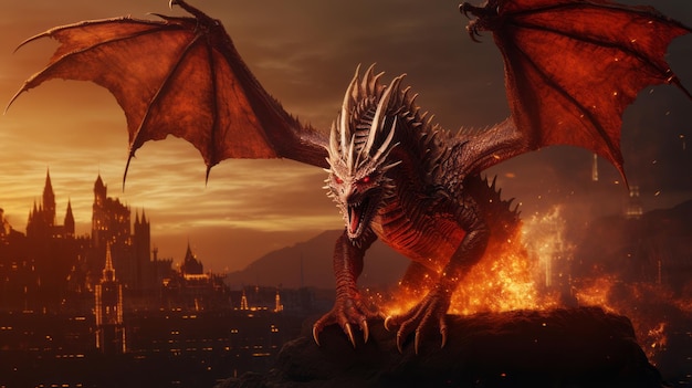 3d image of a great red dragon similar to the dragon from the game of thrones series attacks a city and burns it down