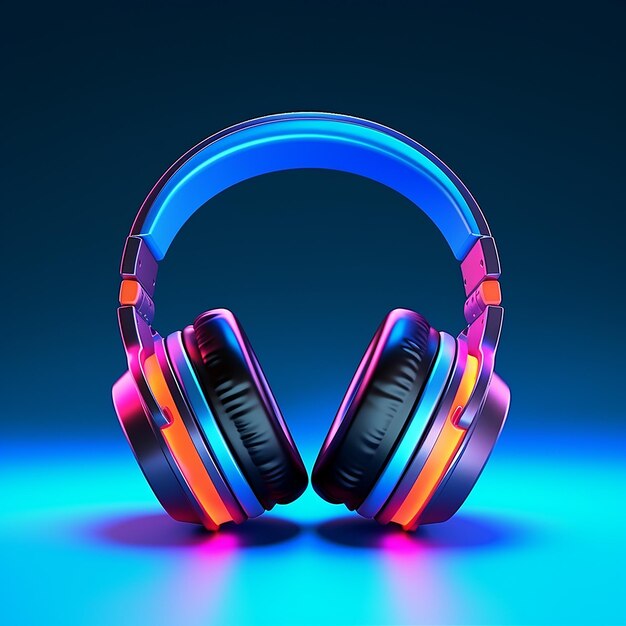 3D image of headphones in neon colors isolated on blue background