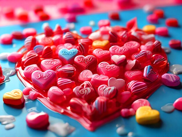 Photo 3d image of heartshaped candies only with adorable messages arranged over a backdrop
