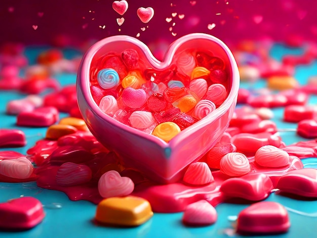 3D image of heartshaped candies only with adorable messages arranged over a backdrop