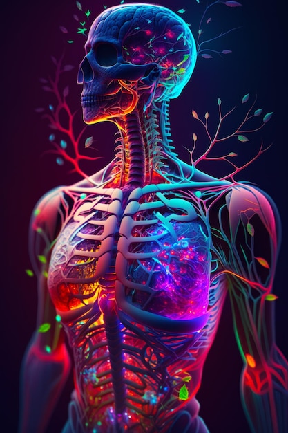 3d image of human skeleton with tree in the middle of the body Generative AI
