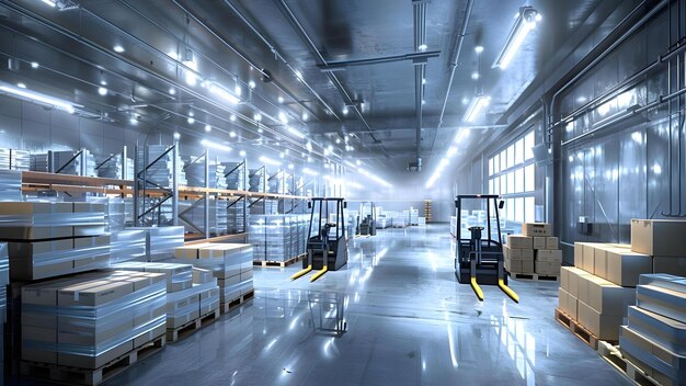 3d image of industrial refrigeration warehouse with pallet jacks boxes and racks concept industrial warehouse refrigeration equipment pallet jacks storage racks packaging boxes