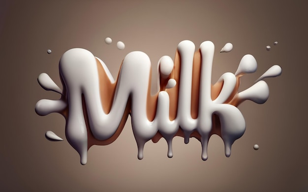 3d image the inscription milk volumetric letters with splashes and drops of milk