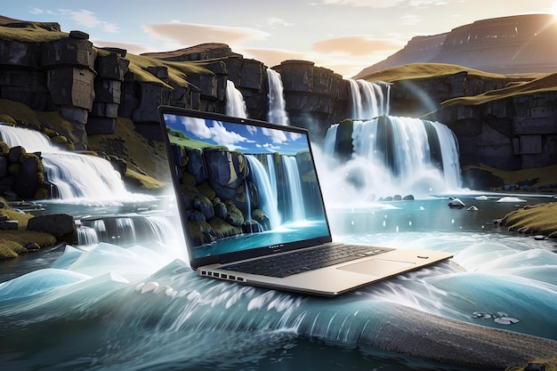 3D image of laptop in iceland with a screen on the 3D waterfall which emerges from the laptop