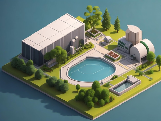 3D-изображение современного голубого дома с бассейном в лесу.