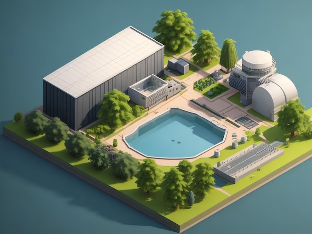 3d image of modern blue house with a swimming pool in woodland Flying camera view of isometric buildings