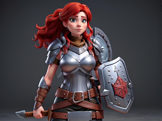 Foto immagine 3d di una donna valchiria dai capelli rossi con una corazza, uno scudo e una spada