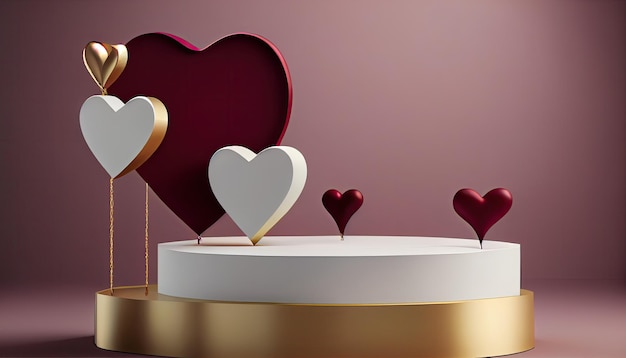 3d image render blank mockup maroon and white podium in landscape hanging hearts background.