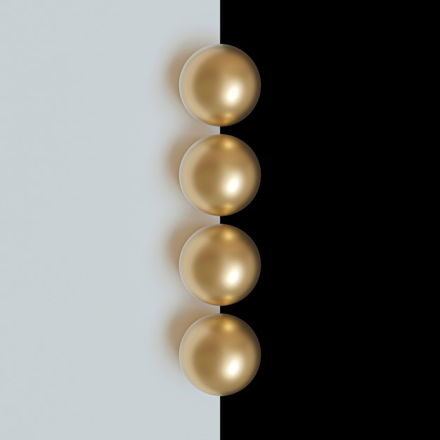 Photo 3d image render of gold spheres on white and black