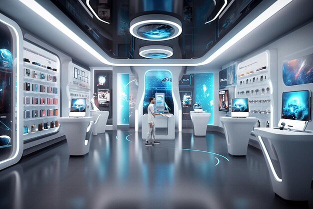 a 3d image of a room with a man in a white shirt and a blue light on the ceiling.