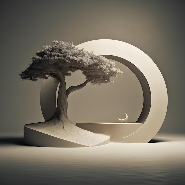 A 3d image of a tree with a moon in the background.